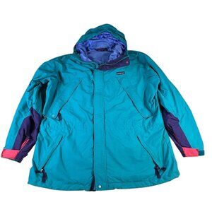 VTG Patagonia Long Jacket Full Zip Turquoise Adult Sz Large Hood Zip Pockets